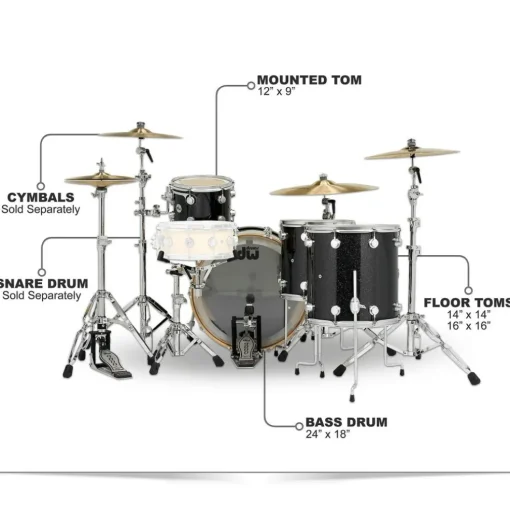 DW SSC Collector's Series 4-Piece FinishPly Shell Pack With 24" Bass Drum With Satin Chrome Hardware Black Ice