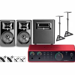 Focusrite Scarlett 2i2 Gen 4 with JBL 3 Series Studio Monitor Pair & LSR Subwoofer Bundle (Stands & Cables Included) 308MKII