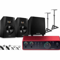 Focusrite Scarlett 2i2 Gen 4 with Adam Audio T-Series Studio Monitor Pair & T10S Subwoofer Bundle (Stands & Cables Included) T7V