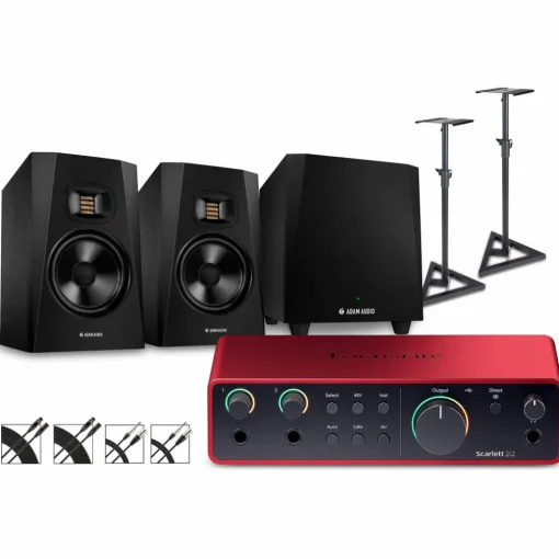 Focusrite Scarlett 2i2 Gen 4 with Adam Audio T-Series Studio Monitor Pair & T10S Subwoofer Bundle (Stands & Cables Included) T7V