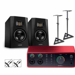 Focusrite Scarlett 4i4 Gen 4 with Adam Audio T-Series Studio Monitor Pair Bundle (Stands & Cables Included) T5V