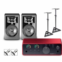 Focusrite Scarlett Solo Gen 4 With JBL 3 Series Studio Monitor Pair Bundle (Stands & Cables Included) 305MKII