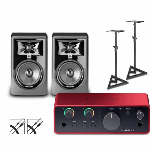 Focusrite Scarlett Solo Gen 4 With JBL 3 Series Studio Monitor Pair Bundle (Stands & Cables Included) 305MKII