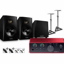 Focusrite Scarlett Solo Gen 4 with Adam Audio T-Series Studio Monitor Pair & T10S Subwoofer Bundle (Stands & Cables Included) T8V