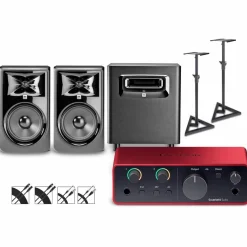 Focusrite Scarlett Solo Gen 4 with JBL 3 Series Studio Monitor Pair & LSR Subwoofer Bundle (Stands & Cables Included) 308MKII