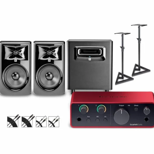 Focusrite Scarlett Solo Gen 4 with JBL 3 Series Studio Monitor Pair & LSR Subwoofer Bundle (Stands & Cables Included) 308MKII