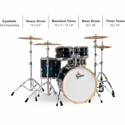 Gretsch Drums Renown 5-Piece Shell Pack With 22" Bass Drum and Black Nickel Over Steel Snare Drum Gloss Antique Blue Burst