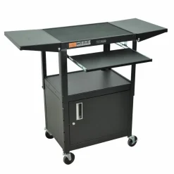 H. Wilson Adjustable Height Cart with Keyboard Tray, Locking Cabinet and Drop Leaf Shelves