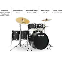 TAMA Imperialstar 6-Piece Complete Drum Set With MEINL HCS Cymbals and 22" Bass Drum Black Oak Wrap